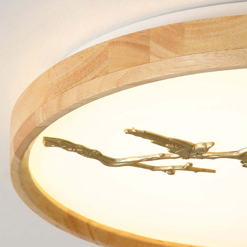 Japanese Round Twig Bird Wood LED Flush Mount Light