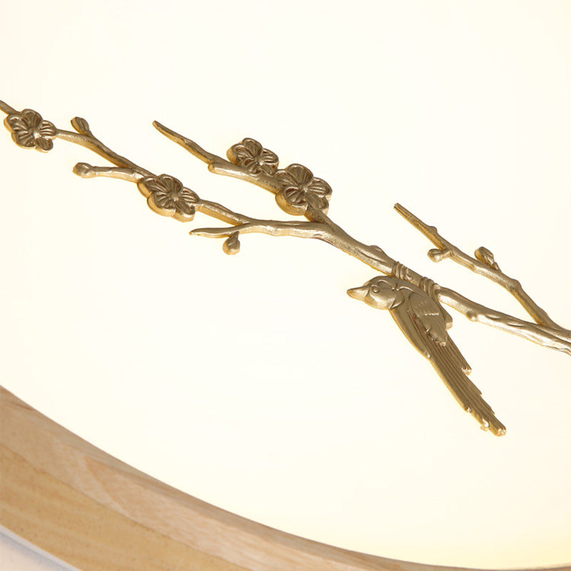 Japanese Round Twig Bird Wood LED Flush Mount Light