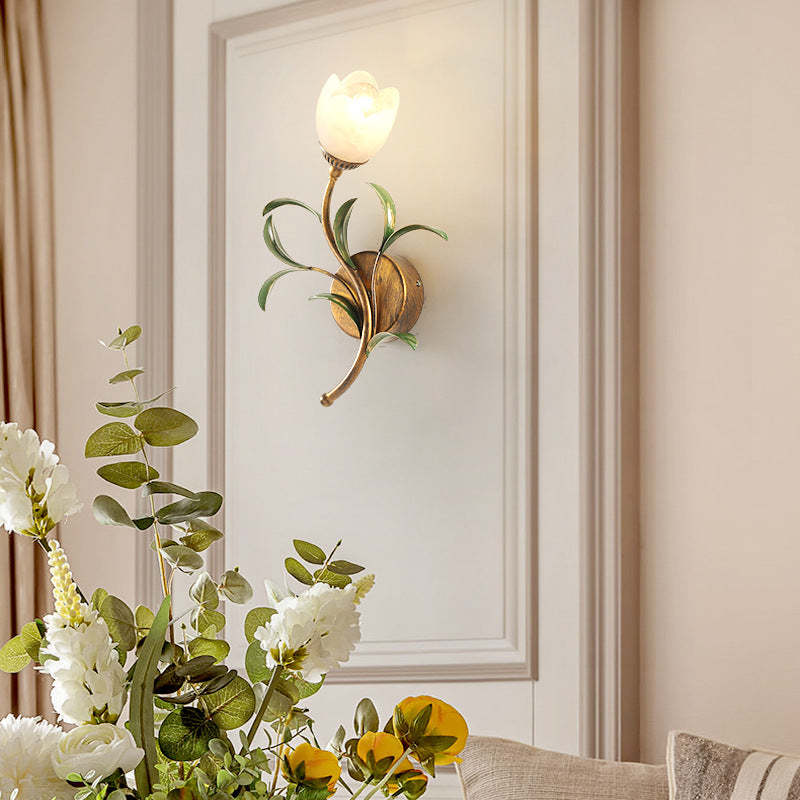 Art Deco Flower Leaf Crystal Glass Iron Wall Sconce