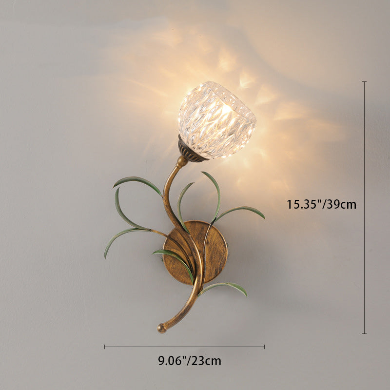 Art Deco Flower Leaf Crystal Glass Iron Wall Sconce