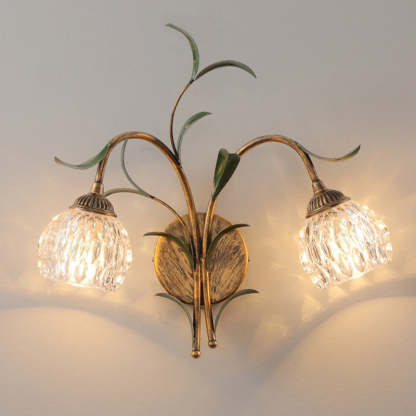 Art Deco Flower Leaf Crystal Glass Iron Wall Sconce