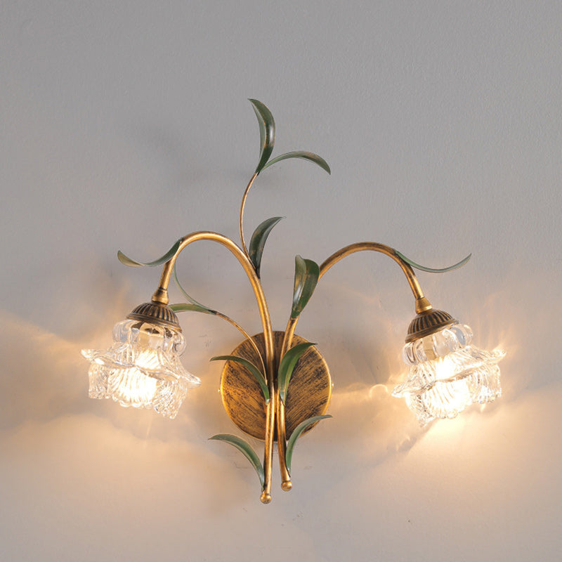 Art Deco Flower Leaf Crystal Glass Iron Wall Sconce