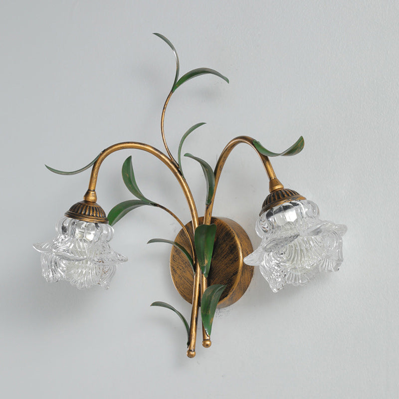 Art Deco Flower Leaf Crystal Glass Iron Wall Sconce