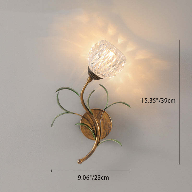 Art Deco Flower Leaf Crystal Glass Iron Wall Sconce