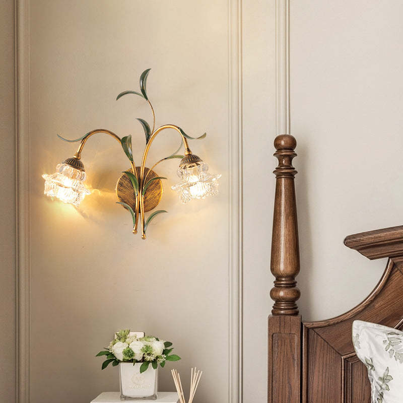 Art Deco Flower Leaf Crystal Glass Iron Wall Sconce