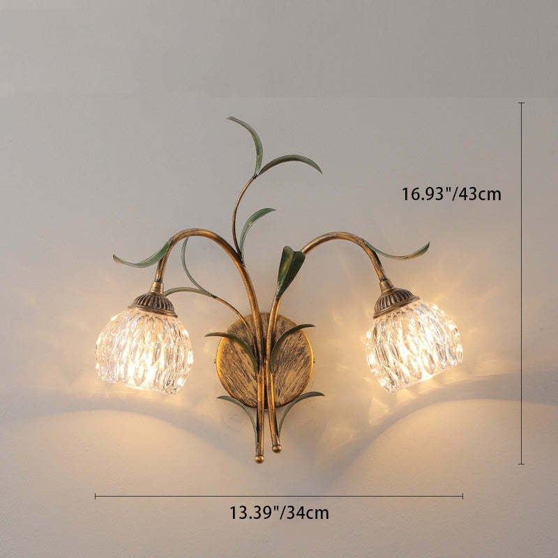 Art Deco Flower Leaf Crystal Glass Iron Wall Sconce
