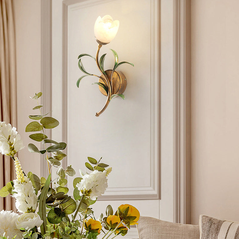 Art Deco Flower Leaf Crystal Glass Iron Wall Sconce