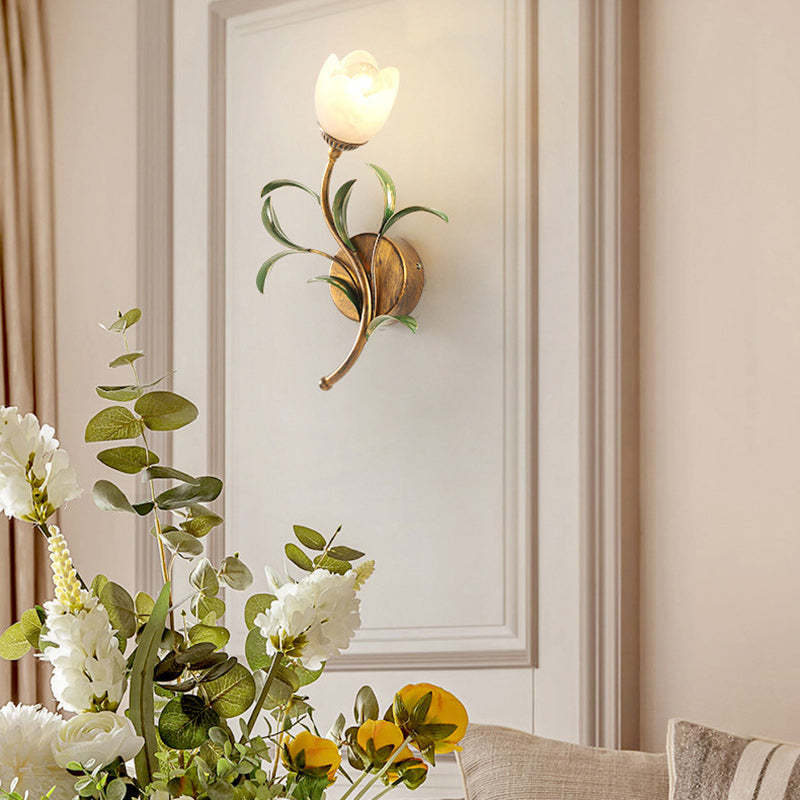 Art Deco Flower Leaf Crystal Glass Iron Wall Sconce