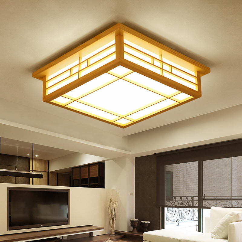 Japanese Square Lattice Parchment Wood LED Flush Mount Light