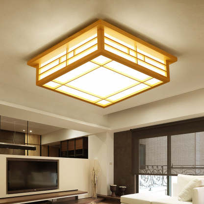 Japanese Square Lattice Parchment Wood LED Flush Mount Light