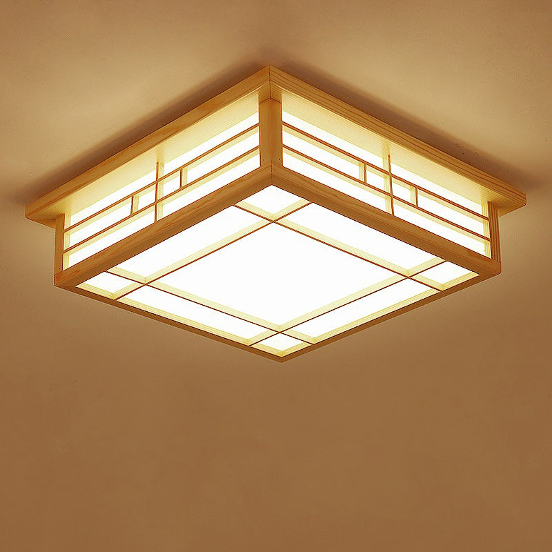 Japanese Square Lattice Parchment Wood LED Flush Mount Light