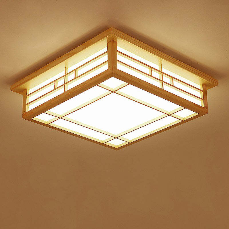 Japanese Square Lattice Parchment Wood LED Flush Mount Light