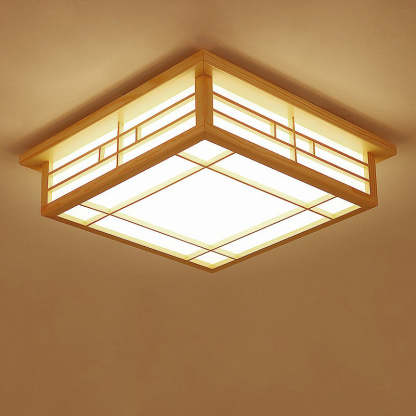 Japanese Square Lattice Parchment Wood LED Flush Mount Light