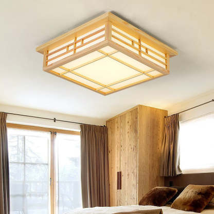 Japanese Square Lattice Parchment Wood LED Flush Mount Light