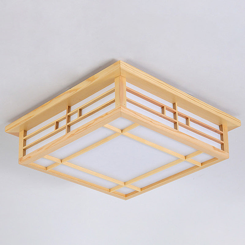 Japanese Square Lattice Parchment Wood LED Flush Mount Light