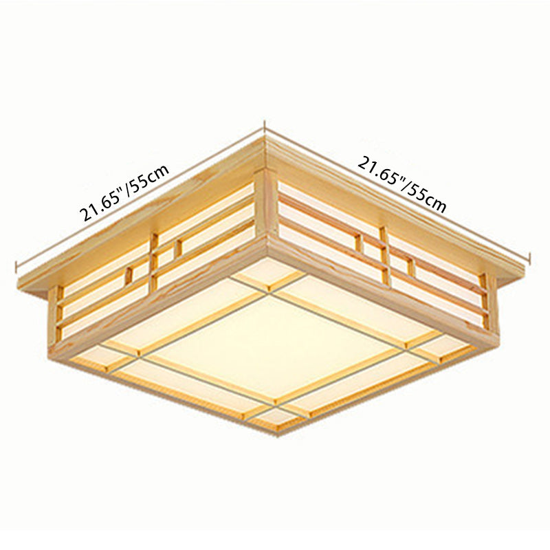 Japanese Square Lattice Parchment Wood LED Flush Mount Light