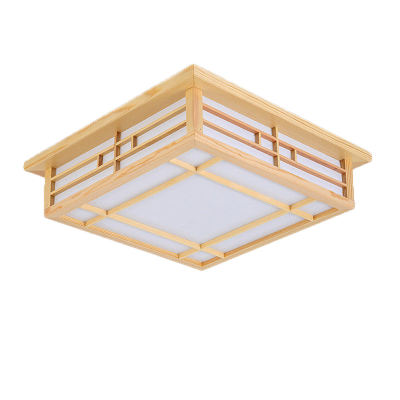 Japanese Square Lattice Parchment Wood LED Flush Mount Light
