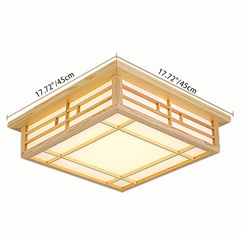 Japanese Square Lattice Parchment Wood LED Flush Mount Light