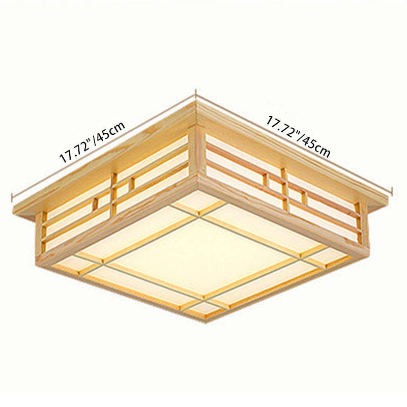 Japanese Square Lattice Parchment Wood LED Flush Mount Light