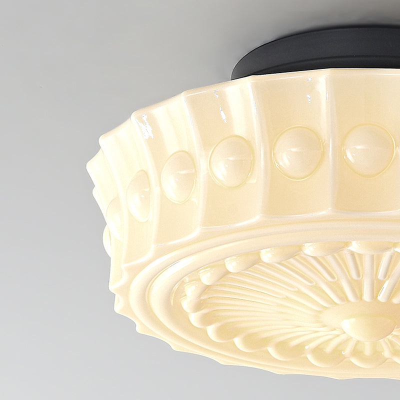 Vintage Round Pattern Glass Iron LED Ceiling Light — Beige Yellow & 110V-120V For US/CA / Infinitely Dimmable