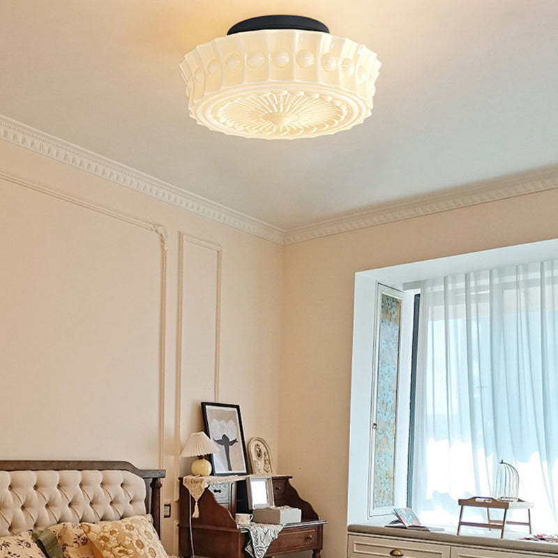 Vintage Round Pattern Glass Iron LED Ceiling Light — Beige White & 220V-240V For UK/AU / Infinitely Dimmable