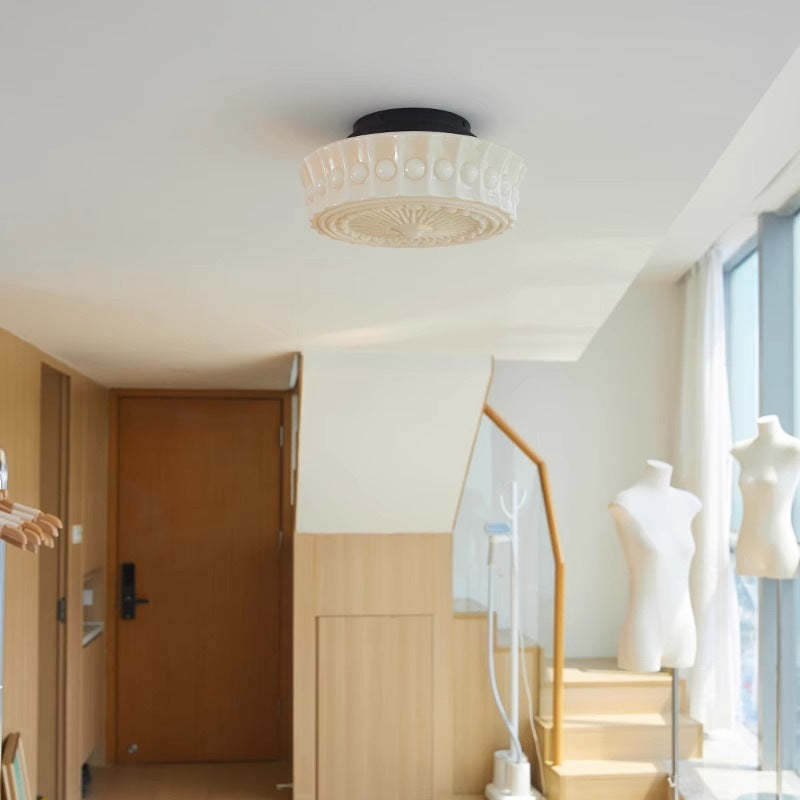 Vintage Round Pattern Glass Iron LED Ceiling Light — Beige Yellow & 110V-120V For US/CA / Infinitely Dimmable