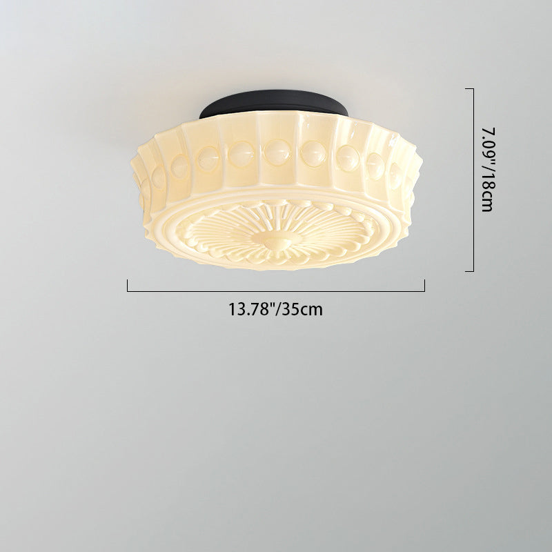 Vintage Round Pattern Glass Iron LED Ceiling Light — Beige Yellow & 220V-240V For UK/AU / Infinitely Dimmable