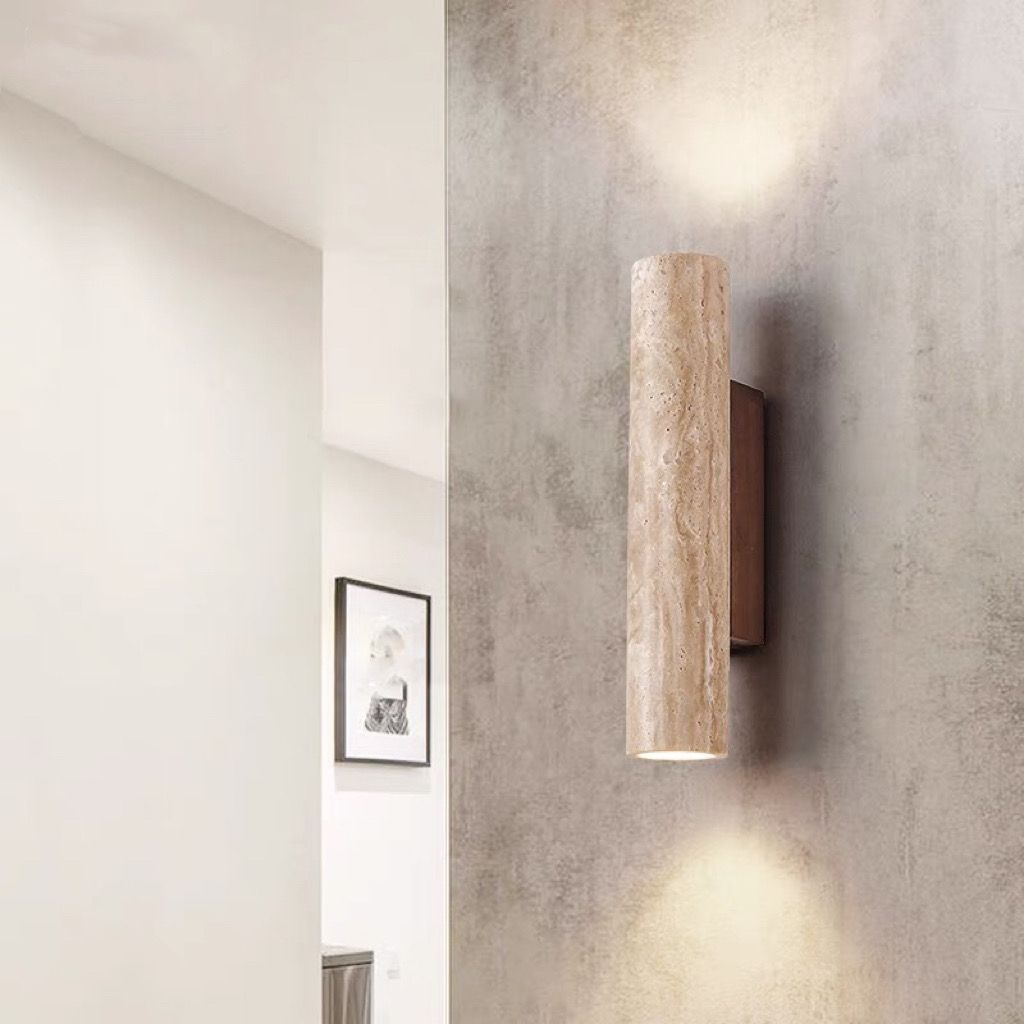 Scandinavian Cylinder Yellow Travertine Wood Wall Sconce