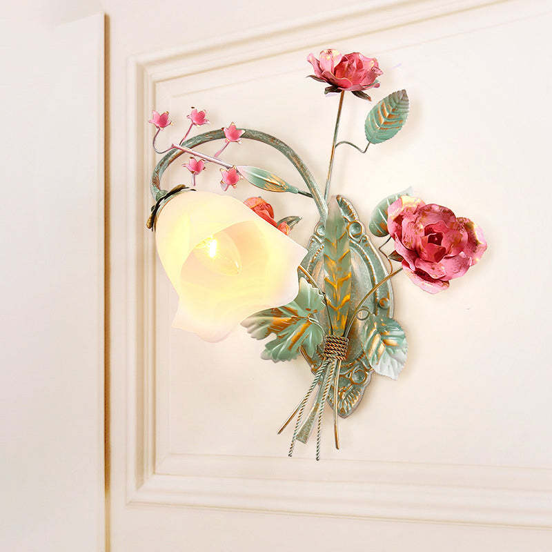 Traditional Rustic Rose Floral Glass Iron 1-Light Wall Sconce Lamp For Living Room