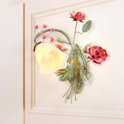 Traditional Rustic Rose Floral Glass Iron 1-Light Wall Sconce Lamp For Living Room