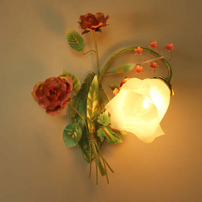 Traditional Rustic Rose Floral Glass Iron 1-Light Wall Sconce Lamp For Living Room