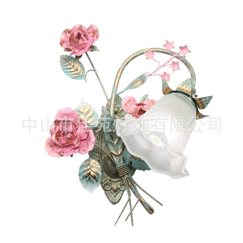 Traditional Rustic Rose Floral Glass Iron 1-Light Wall Sconce Lamp For Living Room