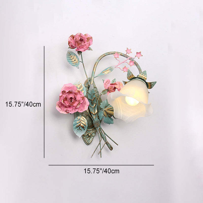 Traditional Rustic Rose Floral Glass Iron 1-Light Wall Sconce Lamp For Living Room