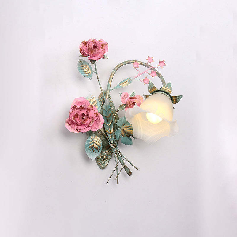 Traditional Rustic Rose Floral Glass Iron 1-Light Wall Sconce Lamp For Living Room