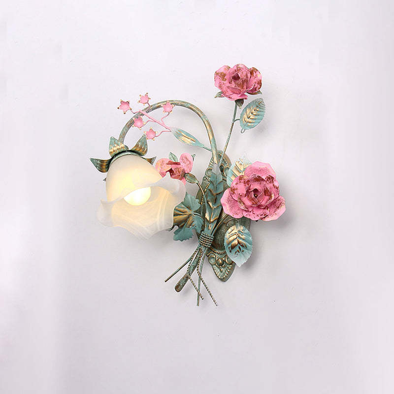 Traditional Rustic Rose Floral Glass Iron 1-Light Wall Sconce Lamp For Living Room