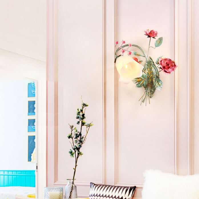 Traditional Rustic Rose Floral Glass Iron 1-Light Wall Sconce Lamp For Living Room