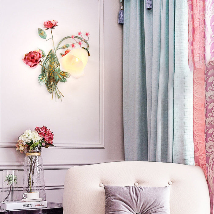 Traditional Rustic Rose Floral Glass Iron 1-Light Wall Sconce Lamp For Living Room