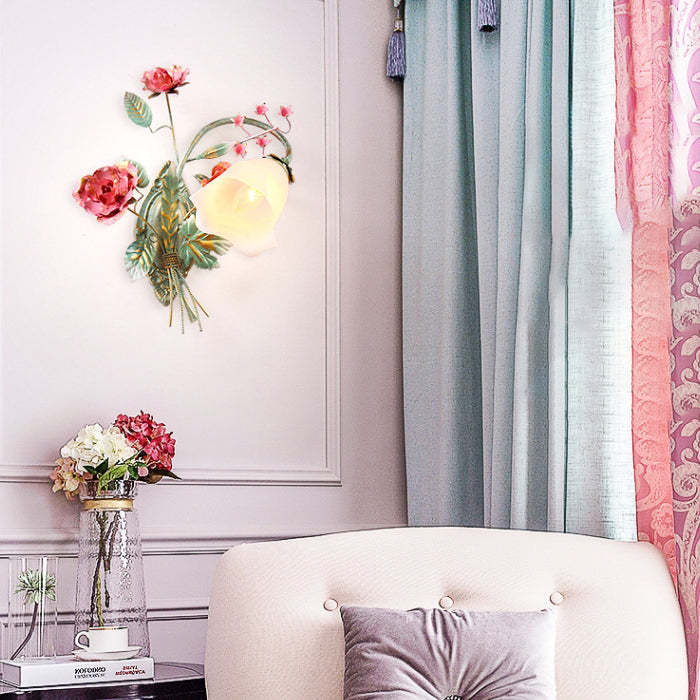 Traditional Rustic Rose Floral Glass Iron Wall Sconce — Left / 220V-240V For UK/AU