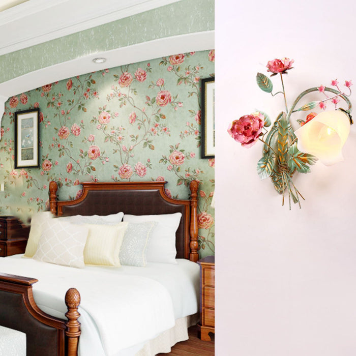 Traditional Rustic Rose Floral Glass Iron 1-Light Wall Sconce Lamp For Living Room