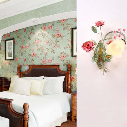 Traditional Rustic Rose Floral Glass Iron 1-Light Wall Sconce Lamp For Living Room