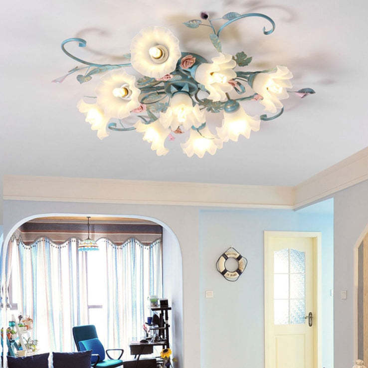 Lighom traditional rust rose glass semi-flush mount light — Blue / 9-Light / 110V-120V (US/CA)