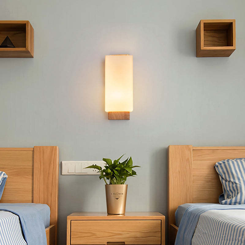 Japanese Rectangle Glass Wood Wall Sconce