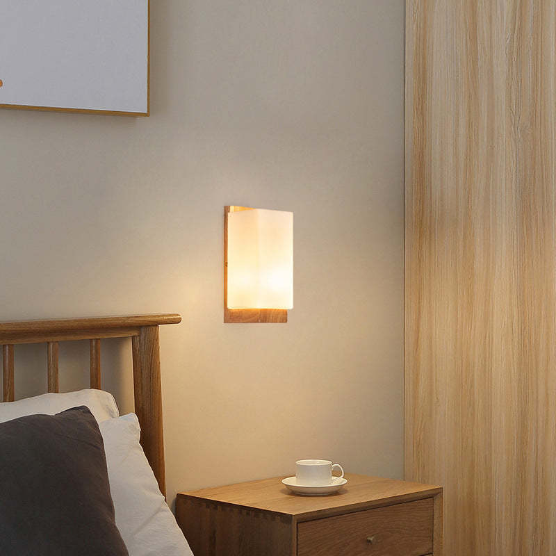 Japanese Rectangle Glass Wood Wall Sconce
