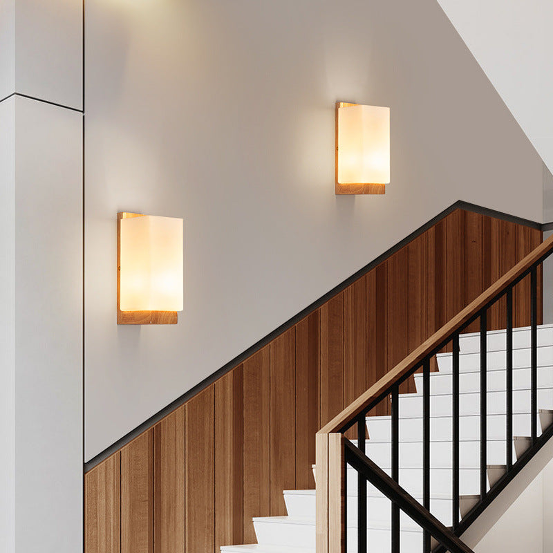 Japanese Rectangle Glass Wood Wall Sconce