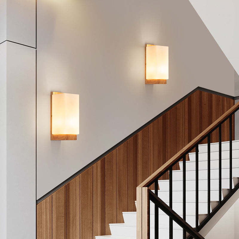 Japanese Rectangle Glass Wood Wall Sconce