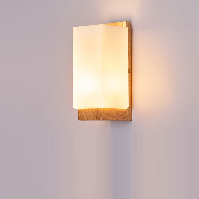 Japanese Rectangle Glass Wood Wall Sconce