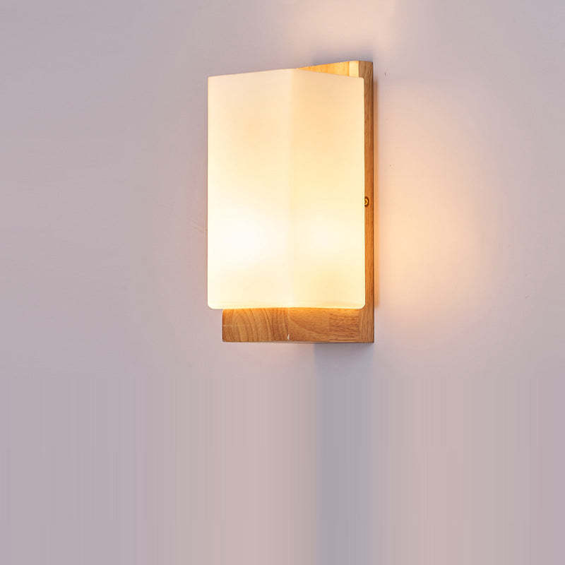 Japanese Rectangle Glass Wood Wall Sconce