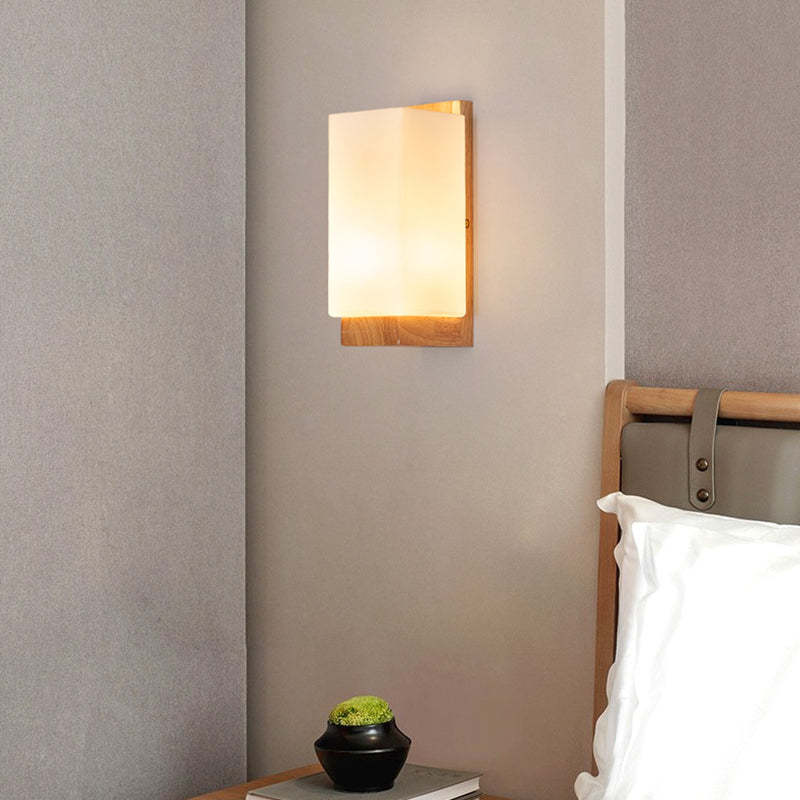 Japanese Rectangle Glass Wood Wall Sconce
