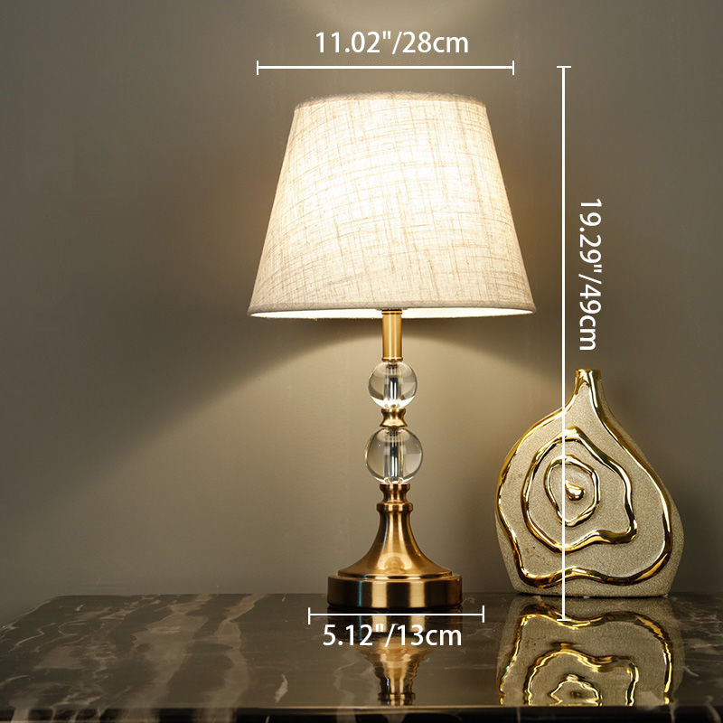Traditional Vintage Scalloped Round Beads Fabric Crystal Brass 1-Light Table Lamp For Living Room