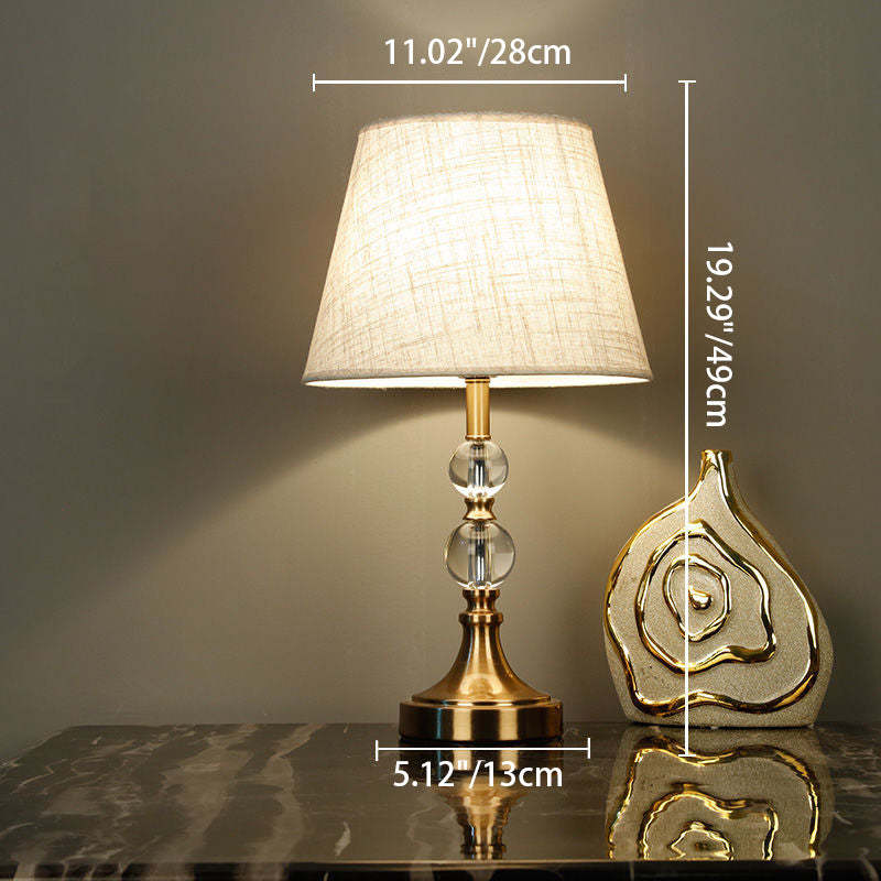 Traditional Vintage Scalloped Round Beads Fabric Crystal Brass 1-Light Table Lamp For Living Room